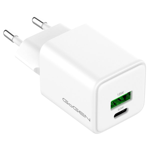 Nabíječka do sítě GoGEN ACHPDQ230, 1x USB-C PD 30W + 1x USB-A 18W (ACHPDQ230W01) bílá